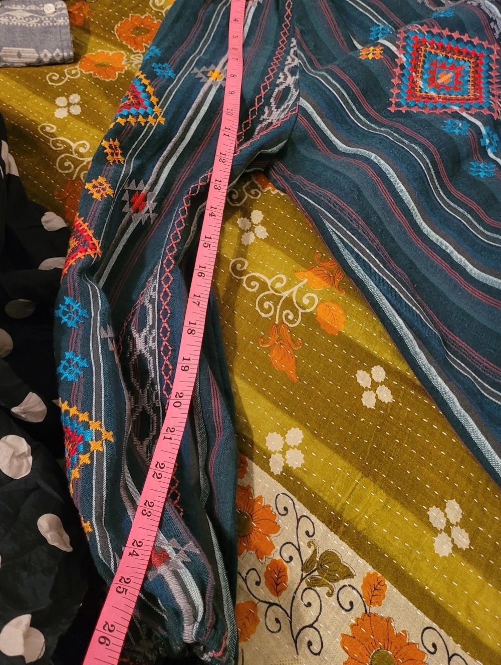 Embroidered Boho Tunic in Teal, Red & Yellow, Medium - Picture 6 of 9